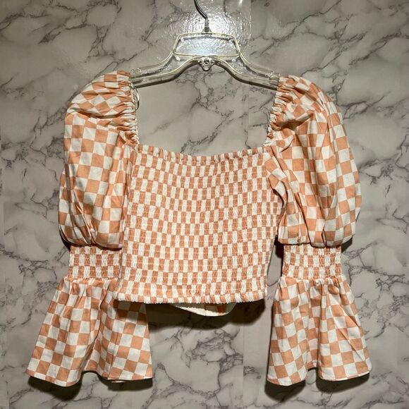 WAYF With Love Juliet Sleeve Linen Blend Blouse in Peach Checker - Picture 9 of 10